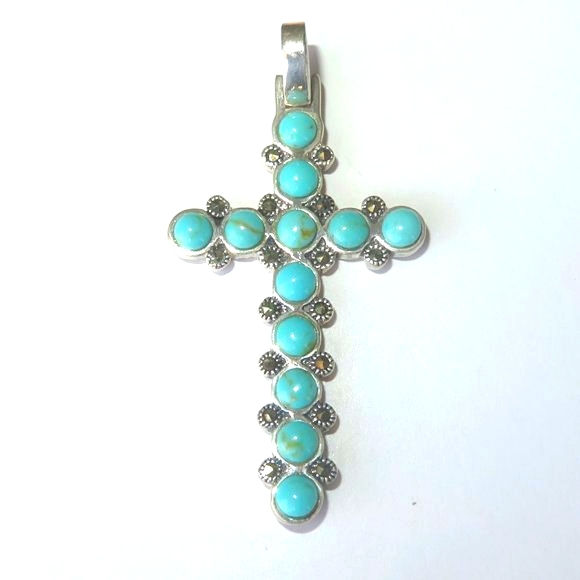 Large Sterling Silver Turquoise Marcasite Pendant - Picture 2 of 13